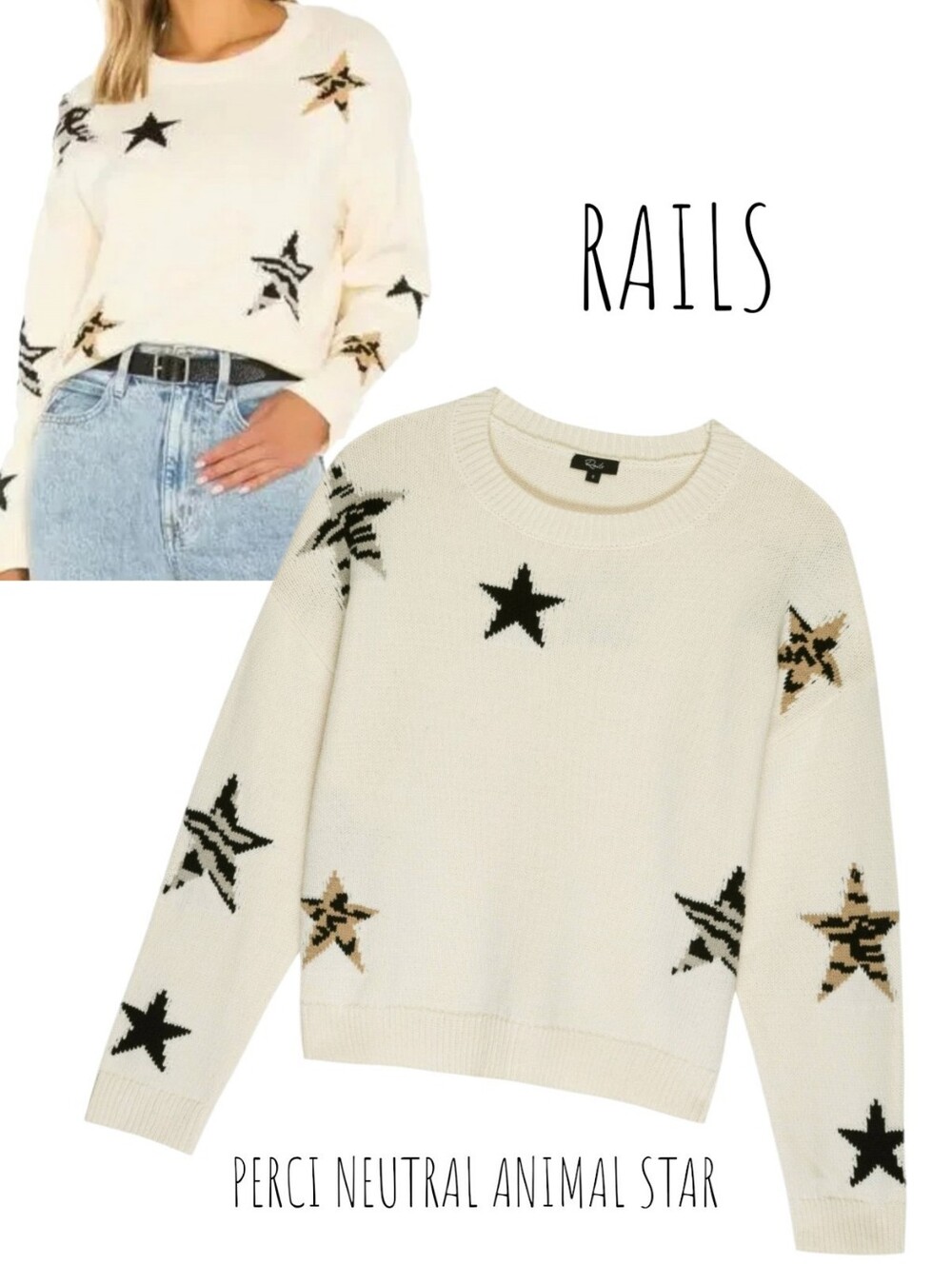 Rails Perci Star Knit Pullover Women's Crewneck Cream Animal Print Sweater Small